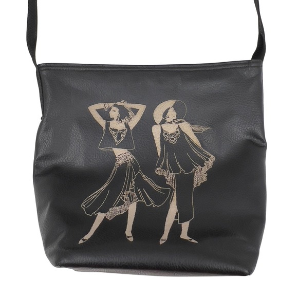 Vintage 80s Black Crossbody Bag with Art Deco Women Graphic - Picture 4 of 7